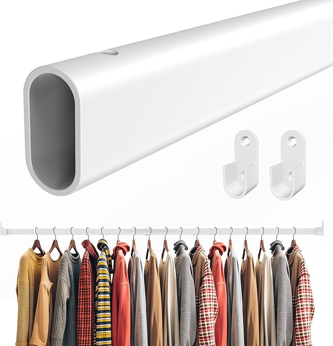 Oval Closet Rod for Hanging Clothes, Adjustable Heavy Duty Closet Rods with End Supports, 18 to 87 Inch White Clothing Pole for Wardrobes, Laundry, RV