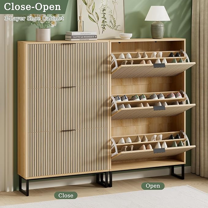 Shoe Cabinet Storage with 3 Flip Drawers, Shoe Organizer Cabinet for Entryway, Modern Freestanding Hidden Shoe Rack Organizer Shoe Cupboard for Hallway, Natural Wood