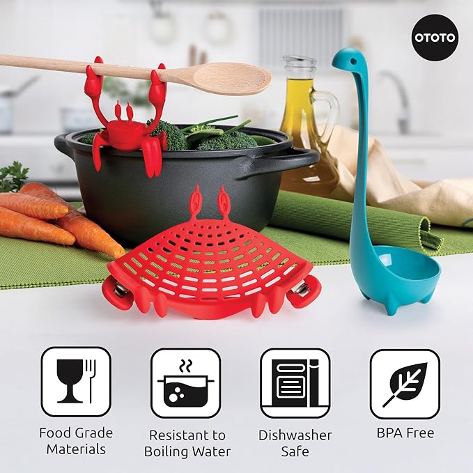 OTOTO Prep Pals Bundle of Red the Crab, Nessie, Crabby - Cute Kitchen Accessories, Kitchen Gadgets, Spoon Rest for Stove Top, Soup Ladle, Pasta Strainer, Funny Unique Gifts, Cooking Gifts