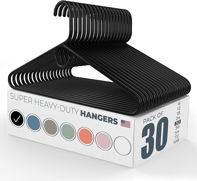 Neaties Super Heavy Duty Clothes Hangers 30 Pack – Made in The USA - 10lb Capacity, Thick Plastic Hangers for Pants, Coats, Jackets, Jeans and Adult Clothing – Black