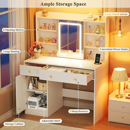 37.4" Vanity Desk with Mirror and Lights, Makeup Vanity with LED Sliding Mirror, 3-Color Lights, USB/Type-C Charging, White Vanity Desk with Storage Cabinet, 2 Drawers & 6 Shelves for Bedroom