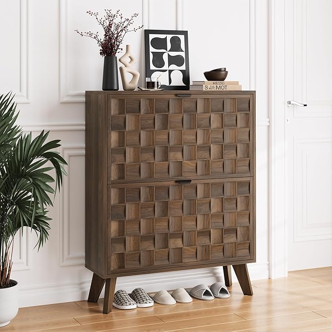Smuxee Walnut Shoe Cabinet with 2 Flip Drawers, 29.6" Hidden Shoe Storage Cabinet with Embossed Checkerboard Doors, Freestanding Shoe Organizer Cabinet for Entryway, Hallway, Living Room