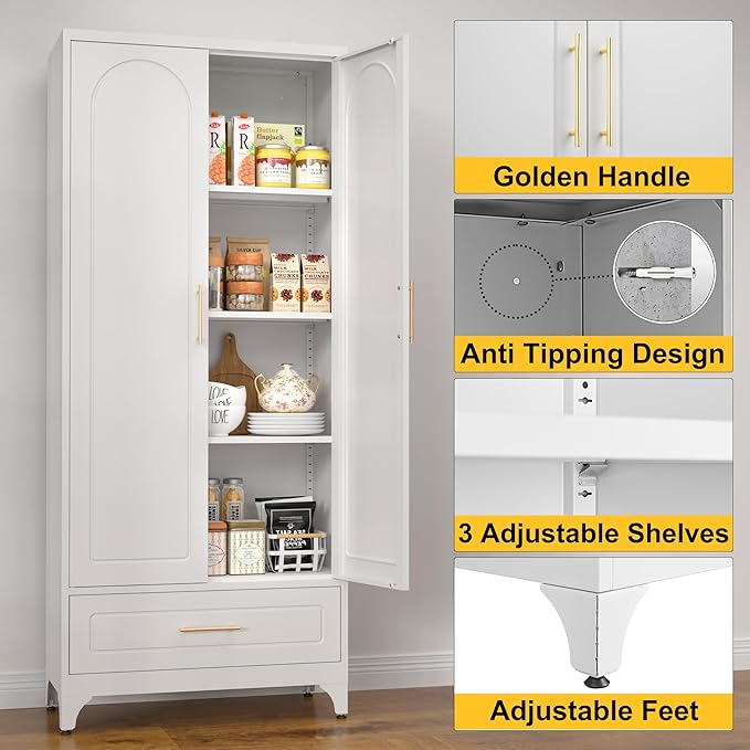Metal Storage Cabinet with Drawers,75Inch White Pantry Cabinets for Kitchen Storage with 3 Adjustable Shelves,Tall Kitchen Pantry Cabinet for Living Room, Dining Room Office
