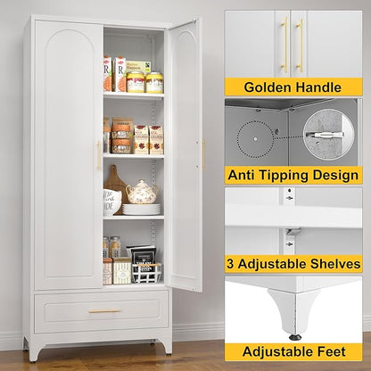 Metal Storage Cabinet with Drawers,75Inch White Pantry Cabinets for Kitchen Storage with 3 Adjustable Shelves,Tall Kitchen Pantry Cabinet for Living Room, Dining Room Office