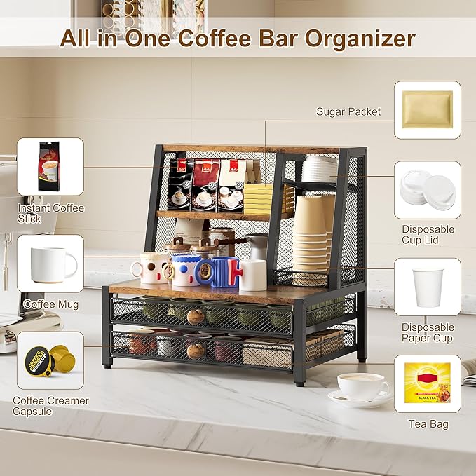 TQVAI Coffee Bar Organizer, Maximize Small Countertop Space, 70 Standard Capsules Capacity with Sliding Pods Drawer, 4-Tier Coffee Station Organizer for Home Kitchen Office Commercial