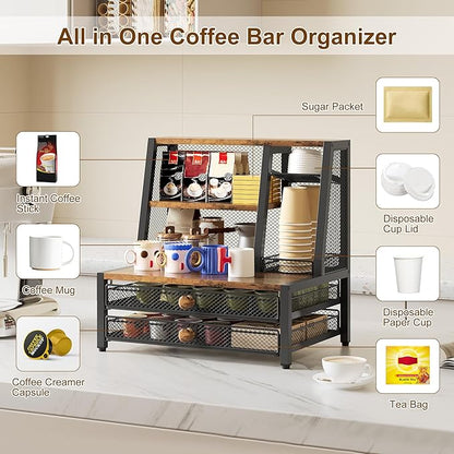TQVAI Coffee Bar Organizer, Maximize Small Countertop Space, 70 Standard Capsules Capacity with Sliding Pods Drawer, 4-Tier Coffee Station Organizer for Home Kitchen Office Commercial