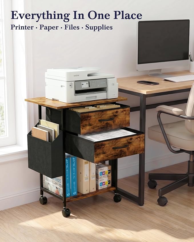 Faesun Printer Stand with Storage, 22'' Printer Cabinet with 2 Fabric Drawers, Rolling File Cabinet for Home Office, Printer Table with File Storage, Side Pocket & Dividers, Rustic Brown