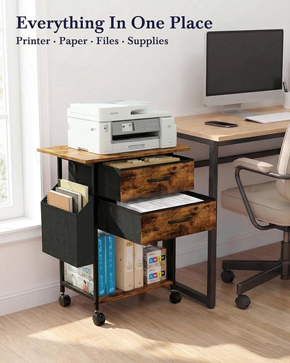 Faesun Printer Stand with Storage, 22'' Printer Cabinet with 2 Fabric Drawers, Rolling File Cabinet for Home Office, Printer Table with File Storage, Side Pocket & Dividers, Rustic Brown