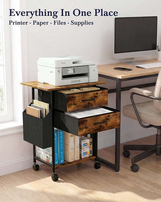 Faesun Printer Stand with Storage, 22'' Printer Cabinet with 2 Fabric Drawers, Rolling File Cabinet for Home Office, Printer Table with File Storage, Side Pocket & Dividers, Rustic Brown