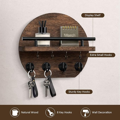 Nekon Key Holder for Wall - 9.8 Inch Apartment Wall Decor with Shelf and 8 Key Hooks, Circular Wood Key Hanger for Home Decor (Brown)