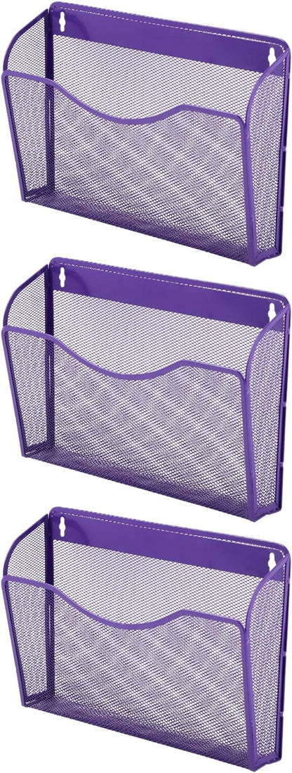 EASEPRES 3 Single Pocket Mesh Hanging File Organizer, Vertical Wall Mounted Magazine File Holder, Mount Basket Mail Paper Document Folder Organizing for Office, Home and School, Purple