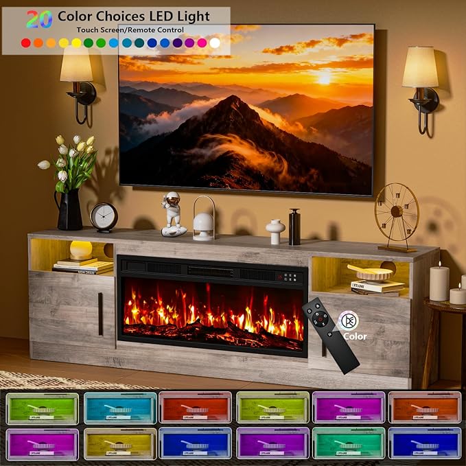 PRETZI Fireplace TV Stand with 36" Fireplace Up to 80" TVs, 70" Entertainment Center with LED Lights, Remote Control, TV Media Console with Storage Cabinets for Living Room, Gray