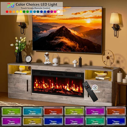 PRETZI Fireplace TV Stand with 36" Fireplace Up to 80" TVs, 70" Entertainment Center with LED Lights, Remote Control, TV Media Console with Storage Cabinets for Living Room, Gray