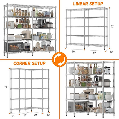 Homdox 5 Tier Storage Shelves, Heavy Duty Wire Shelving Unit, Adjustable Metal Shelves for Storage, Garage Rack Pantry Shelves Kitchen Shelving, 14"x60"x72", Silver Gray