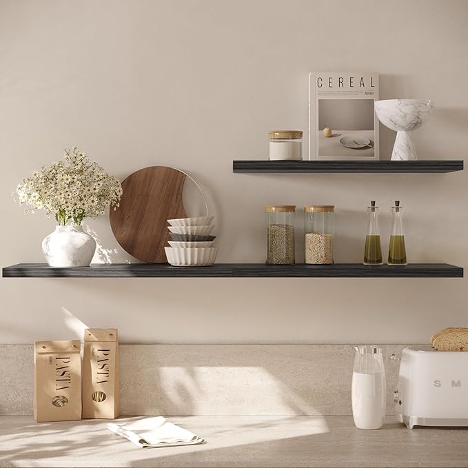 JPND Wall Shelf Set of 2,Dark Wood Floating Shelves 30 in W x 10 in D x 1 in H, Wooden Floating Wall Shelf with Invisible Brackets for Living Room/Bedroom/Bathroom/Kitchen Storage and Decor