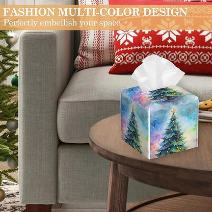 Tissue Box Cover,Christmas Tree Tissue Box Holder Waterproof Leather Facial Paper Organizer Dispenser for Bathroom Home Car Nightstand Vanity
