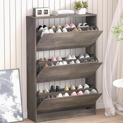 BORNOON Shoe Cabinet with 3 Flip Drawers, Hidden Wood Shoe Cabinet,Freestanding Shoe Storage Cabinet for Entryway Hallway