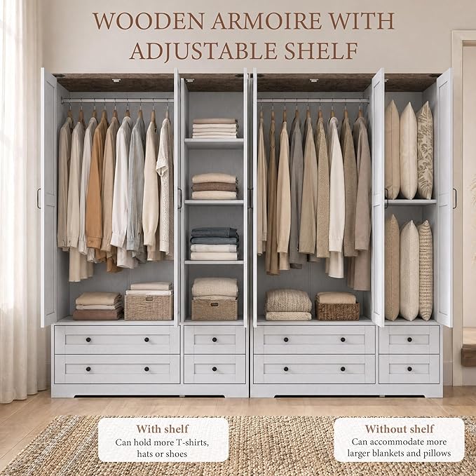 Brafab Armoire Wardrobe Closet with 3 Modern Doors and Mirror, 71" Tall Freestanding Cabinet with 4 Drawers, Hanging Rod, and 4 Shelves, Wooden Storage Organizer for Clothes, Bedroom