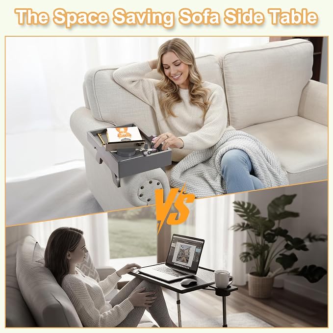 Couch Arm Table Tray, 15.3" x 9.8" Large Bamboo Couch Arerest Table for Cup Holder, Adjustable Sofa Arm Clip Tray Table with Rotated Phone Holder