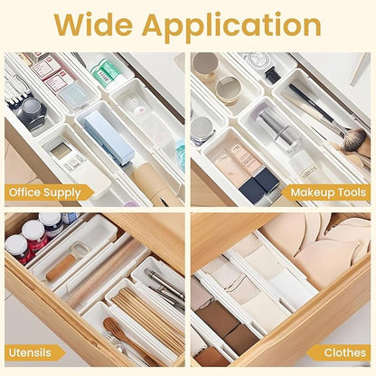 Drawer Organizers Set,Expandable Drawer Organizer Trays,Drawer Organizer Bins for Bedroom,Bathroom, Kitchen, Office (White,4pack)