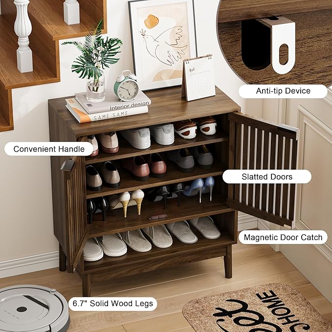 Shoe Cabinet with Slatted Doors, 4 Tier Freestanding Shoe Cabinet Storage for Entryway, Narrow Entryway Shoe Organizer Cabinets with Shelves (Walnut, 27.6" Wide)