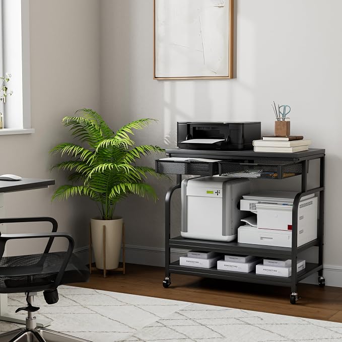 EasyCom 32.3"x18.9" Extra Large Printer Stand with Double Drawers, 5-Adjustable Heights 3 Tier Table with Wheels, Rolling Printer Cart with Storage for Printer Scanner Fax Home Office Use