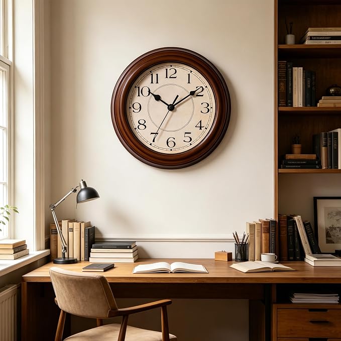 KECYET Wall Clock, 9 Inch Silent Battery Operated Non-Ticking Wall Clock Classic Decorative for Living Room, Kitchen,Office, Bedrooms(Brown)