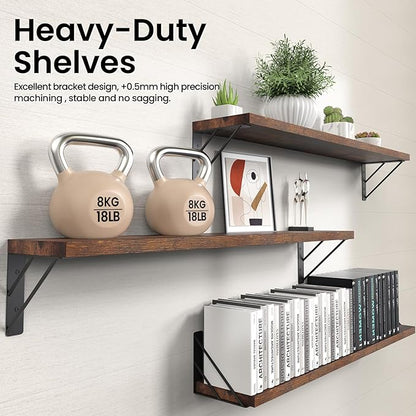 BAYKA Wall Shelves for Bedroom Decor, Floating Shelves for Wall, Display Mounted Rustic Wood Shelf for Books,Plants,Corner Shelves for Bathroom,Kitchen,Living Room(Rustic Brown，36in，Set of 3)