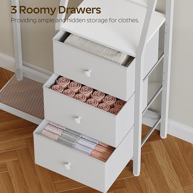 Dresser with Hanging Rack, Reversible Chest of Drawers for Bedroom, 3 Fabric Storage Drawers Dresser with Clothes Rack and Open Shelf, for Closet, Entryway, White