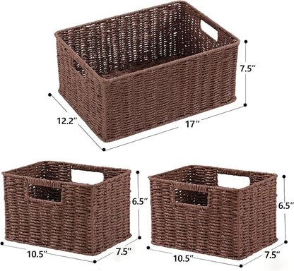 HOONEX Large Woven Baskets for Storage, Paper Rope Baskets with Sturdy Metal Wire Frame, Baskets for Shelves, Set of 3, Dark Brown