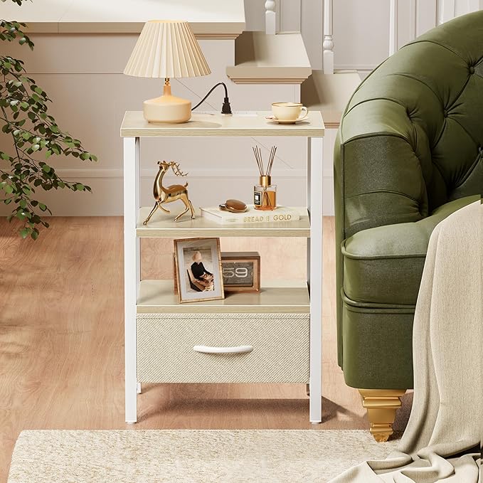 SUPERJARE Nightstand with Charging Station, Bed Side Table with Adjustable Fabric Drawer, Night Stand for Bedroom, 3-Tier Storage End Table, for Living Room, White Maple