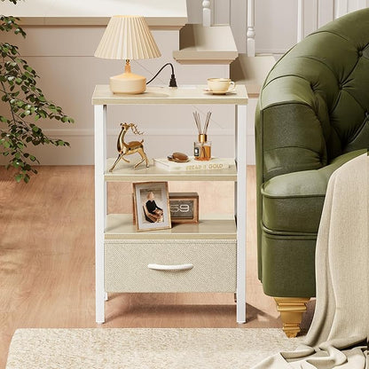 SUPERJARE Nightstand with Charging Station, Bed Side Table with Adjustable Fabric Drawer, Night Stand for Bedroom, 3-Tier Storage End Table, for Living Room, White Maple