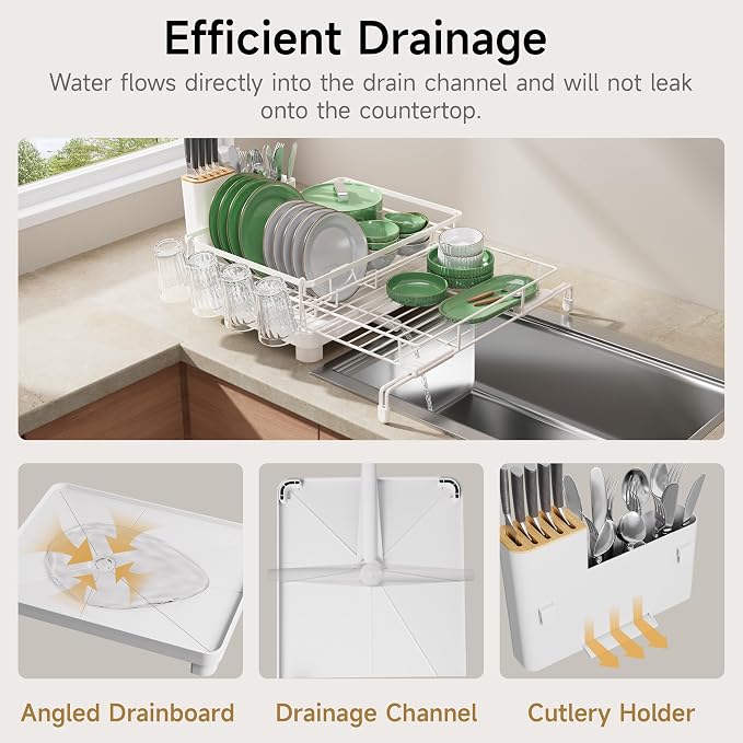 Runnatal Dish Drying Rack, Extendable Dish Rack Over Sink, Large Stainless Steel Dish Strainer with Drainboard, Utensil Holder & Cup Holder for Kitchen Counter, White