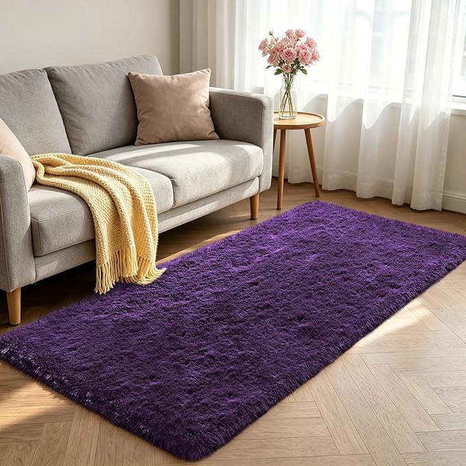 Shag Runner Rug for Bedroom Living Room 2x6 Upgrade Non-Slip Fluffy Soft Bedside Rugs,Purple Shaggy Purple Carpet for Livingroom Dorm Home Decor Aesthetic