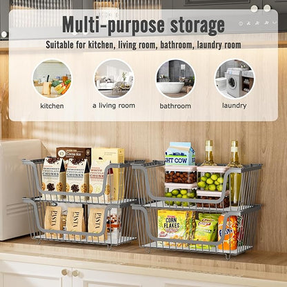 GAOKASE 4 Pcs Stackable Wire Baskets for Pantry Organizers and Storage,Vegetable Fruit Basket for Countertop,Kitchen Storage Metal Baskets,Produce Potato Onion Storage Bin,Gray