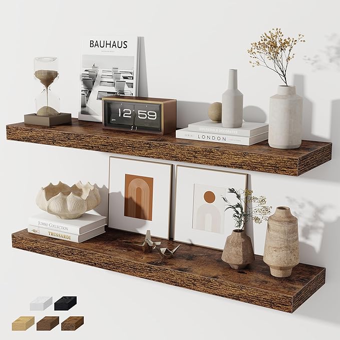 Fun Memories 36 Inch Floating Shelves, Wall Shelves Set of 2 for Bathroom/Living Room/Bedroom/Kitchen, Wall Mounted Floating Shelf for Home Decor with Invisible Brackets, Rustic Brown