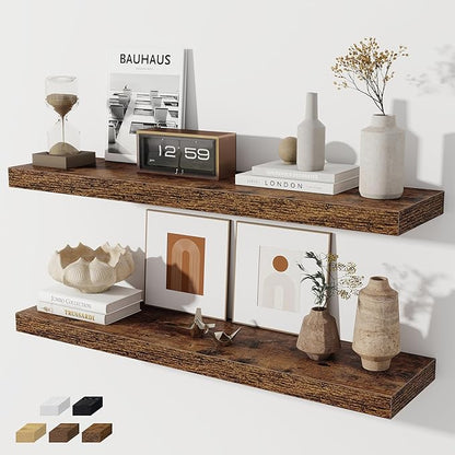 Fun Memories 36 Inch Floating Shelves, Wall Shelves Set of 2 for Bathroom/Living Room/Bedroom/Kitchen, Wall Mounted Floating Shelf for Home Decor with Invisible Brackets, Rustic Brown