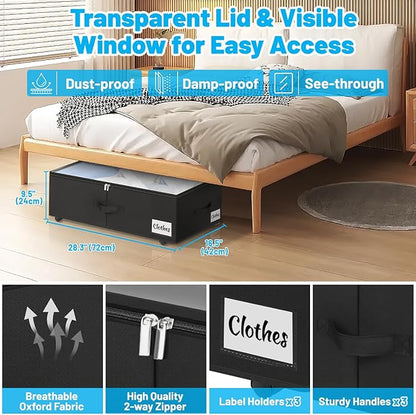 Under Bed Storage with Wheels, 3-Pack 10" Height XXL 75L Rolling Storage Bins, Quick Assembly Underbed Shoe Storage Containers with Clear Lid & Label, Dorm Under Bed Drawers for Clothes, Shoes, Black