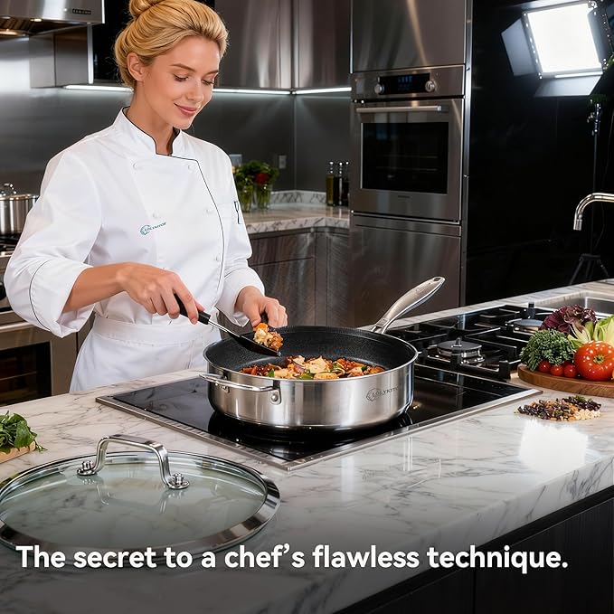 LOLYKITCH 6 QT Hybrid Tri-Ply Stainless Steel Non-Stick Sauté Pan with Lid,12 Inch Deep Frying Pan,Large Skillet,Jumbo Cooker,Induction Pan, Oven Safe and Detachable Handle.