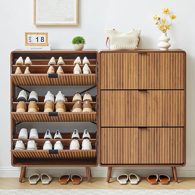 Narrow Shoe Cabinet Storage for Entryway,Slim Shoe Cabinet with 3 Flip Drawers, Fluted Shoes Rack Organizer (All Walnut, 3 Drawers)