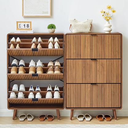 Narrow Shoe Cabinet Storage for Entryway,Slim Shoe Cabinet with 3 Flip Drawers, Fluted Shoes Rack Organizer (All Walnut, 3 Drawers)