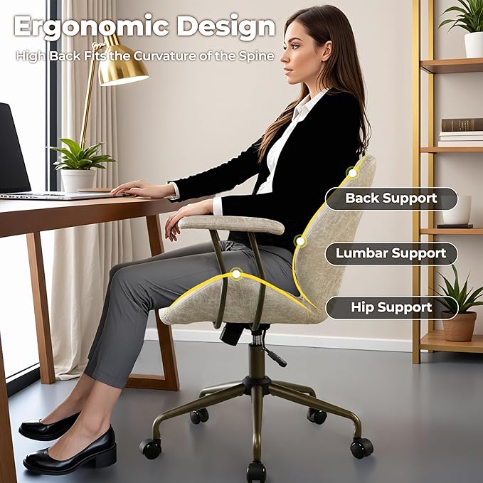 ovios Home Office Chair, Mid-Century Modern Faux Suede Leather Ergonomic Chairs, Mid Back Comfy Computer Swivel Rolling Task Executive Armchair, Beige