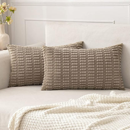 MIULEE Pack of 2 Corduroy Decorative Lumbar Throw Pillow Covers 22x14 Inch Soft Boho Striped Pillow Covers Modern Farmhouse Home Decor for Sofa Living Room Couch Bed Light Brown