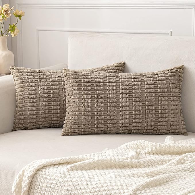 MIULEE Pack of 2 Corduroy Decorative Lumbar Throw Pillow Covers 24x12 Inch Soft Boho Striped Pillow Covers Modern Farmhouse Home Decor for Sofa Living Room Couch Bed Light Brown