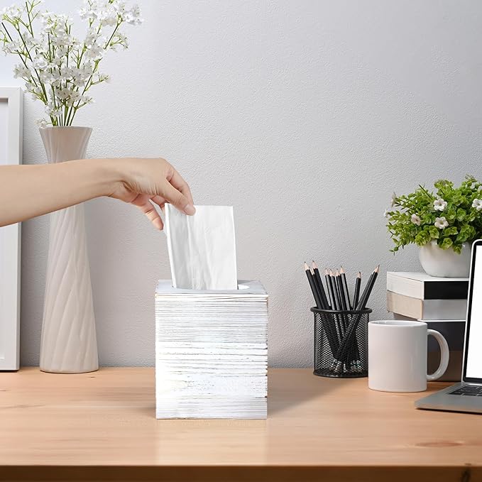 Wood Tissue Box Cover Square - Wooden Tissue Box Holder for Tabletop Night Stands Bathroom Office - Decorative White Facial Cube Tissue Box Cover