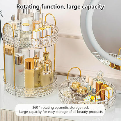 360° Rotating Acrylic Storage Rack, 2-Tier Large Capacity Makeup Organizer for Bathroom Countertop & Vanity, Clear Cosmetic Holder for Skincare, Perfume & Beauty Essentials