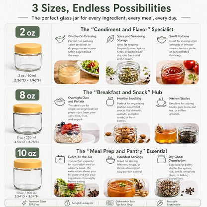 EONJOE 10 oz Glass Jars with Lids Meal Prep Portion Control Containers Pudding Yogurt Overnight Oats Salad Snack Cereal Candy Food Storage Cups Bowls Airtight