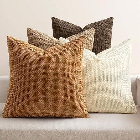MIULEE Pack of 4 Brown Couch Throw Pillow Covers 24x24 Inch Soft Decorative Chenille Pillows Farmhouse Accent Cushions for Boho Home Decor Spring Sofa Bedroom Living Room