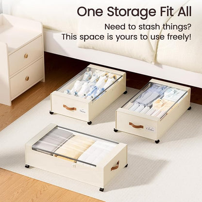 Yecaye 82 L Under Bed Storage with Wheels, 9.4 in Under Bed Storage Containers, Large Under Bed Shoe Storage with Lids, Rolling Underbed Storage bins for Clothes, Blankets, Beige