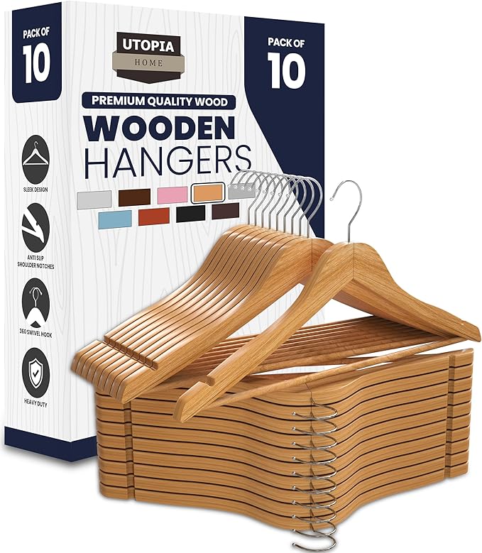 Utopia Home Premium Wooden Hangers 10 Pack - Durable & Slim Coat Hanger - Suit Hangers with 360-Degree Rotatable Hook - Wood Hangers with Shoulder Grooves (Natural Color)